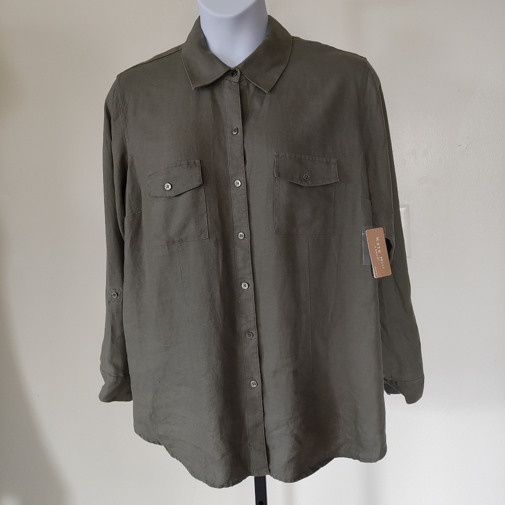 Kate Hill Woman Wild Jungle 100% Linen Button Up Top Shirt Sage Green 3X